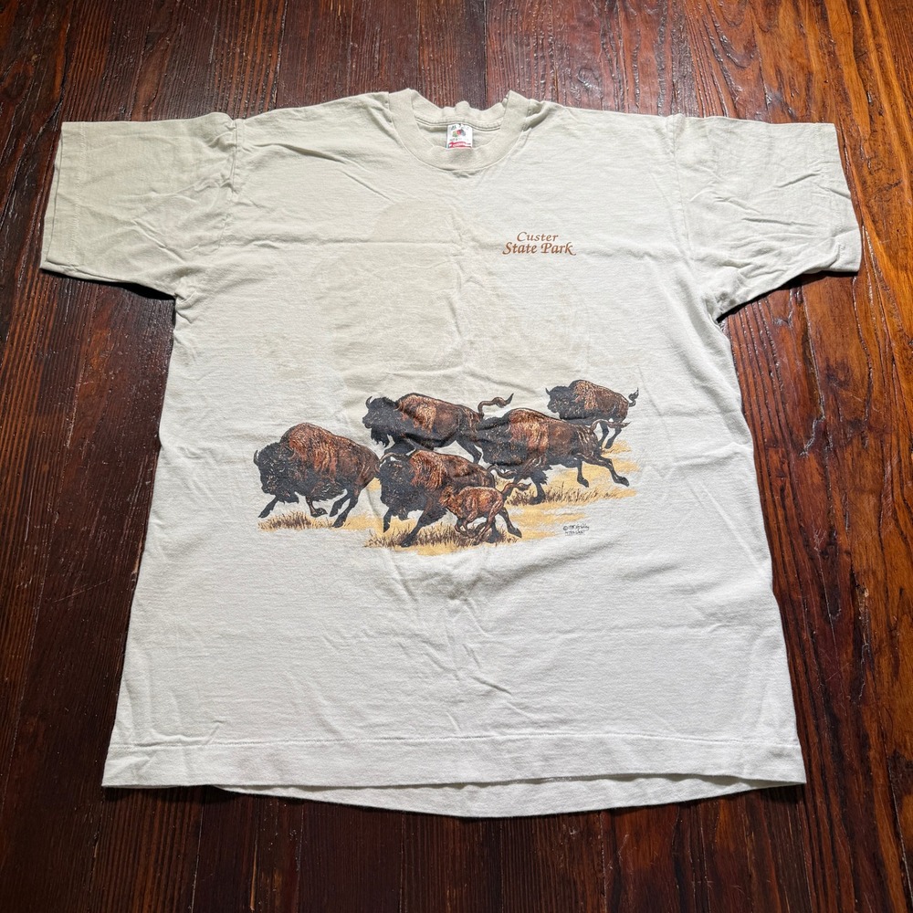 Vintage 1995 Custer State Park Shirt Men XL Tan 90s USA Bison Single Stitch FOTL - Picture 1 of 9
